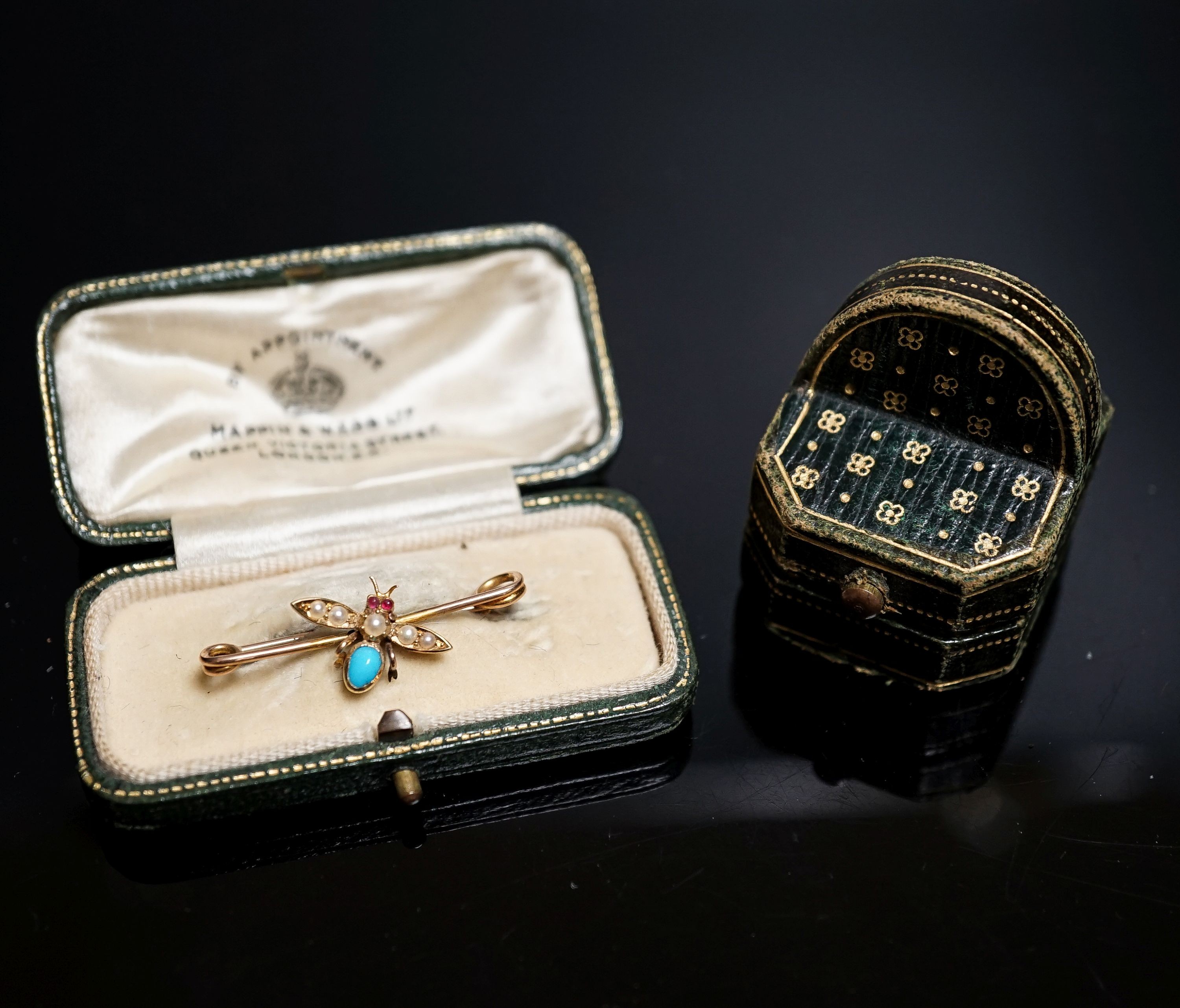 An Edwardian yellow metal and gem set bee brooch, 32mm and an SJ Philips ring box.